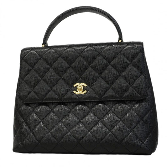 Chanel Handbag Quilted Caviar Leather Black Gold