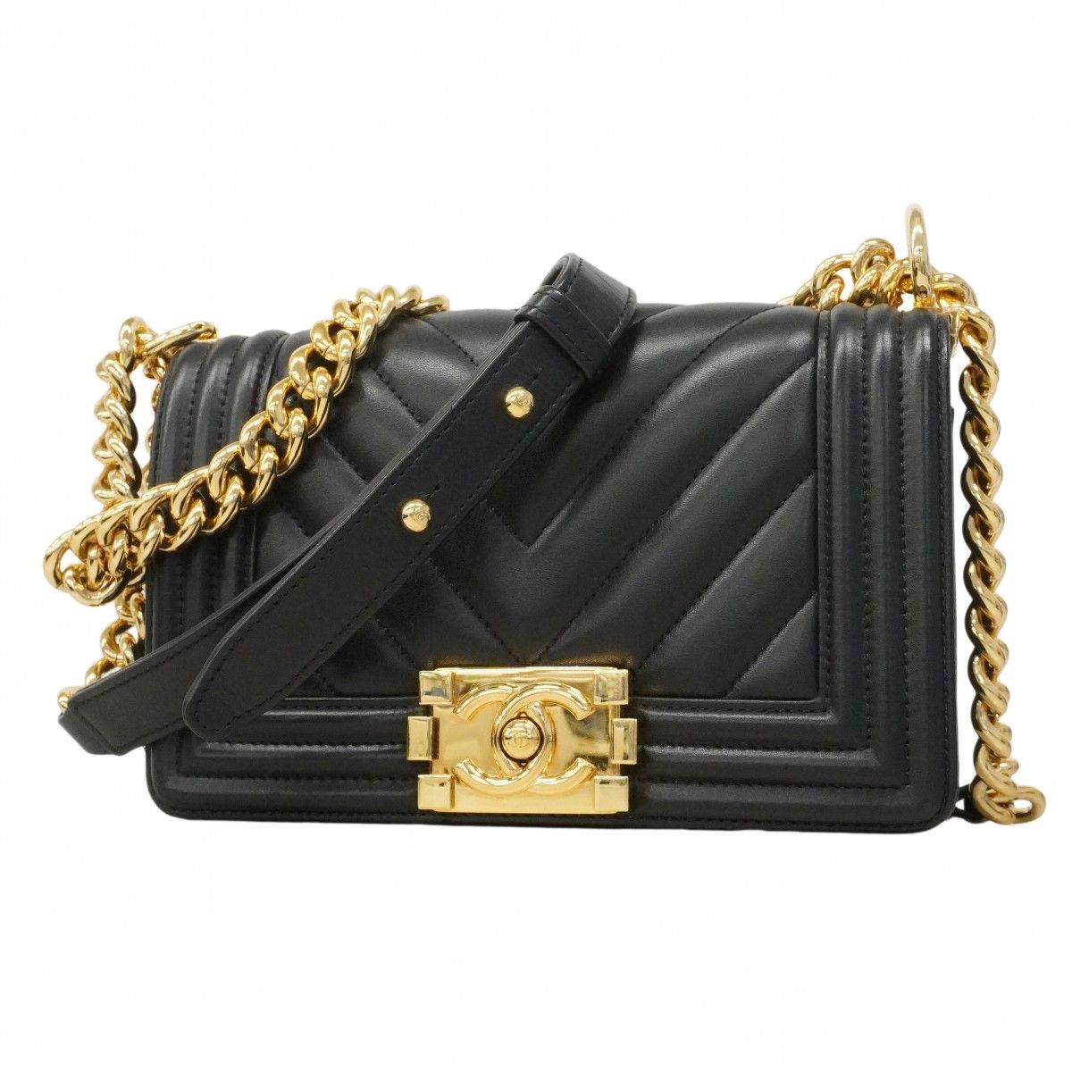 Chanel Shoulder Bag Stitch Lambskin Black Gold