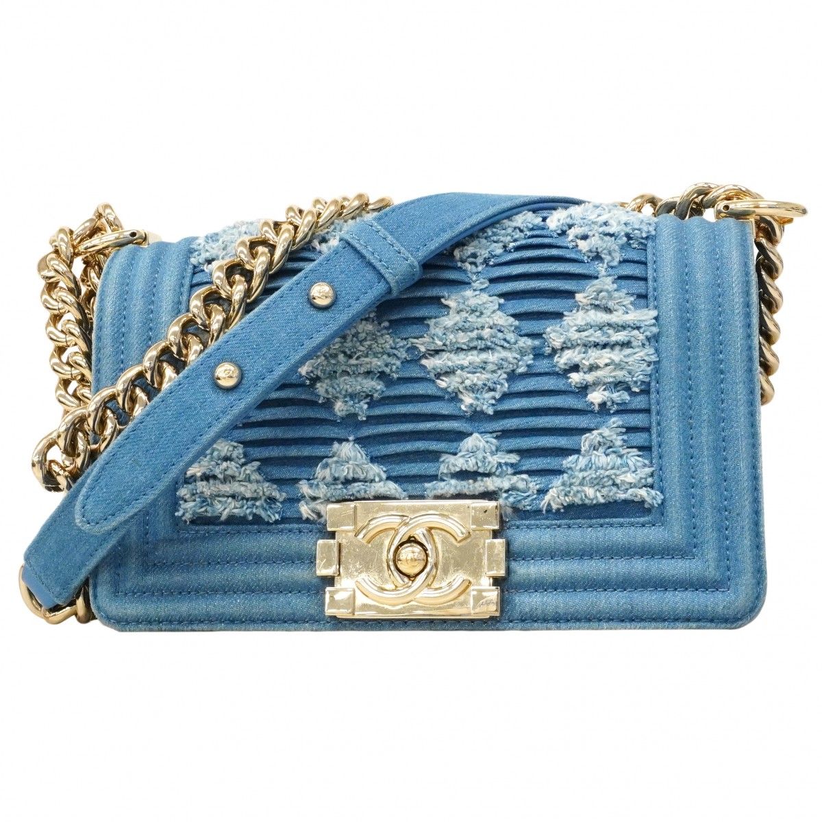 Chanel Shoulder Bag Denim Blue Chien Pants Gold