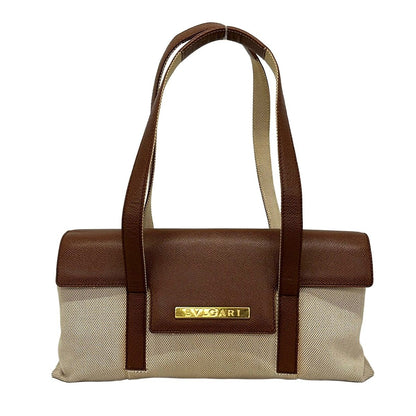 Bvlgari Shoulder Bag Beige Brown Leather