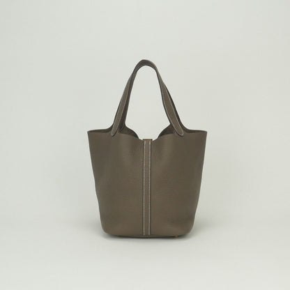 Hermes Picotin Lock MM 22 Tote Taurillon Clemence Etoupe Gray Gold Handbag — view 3
