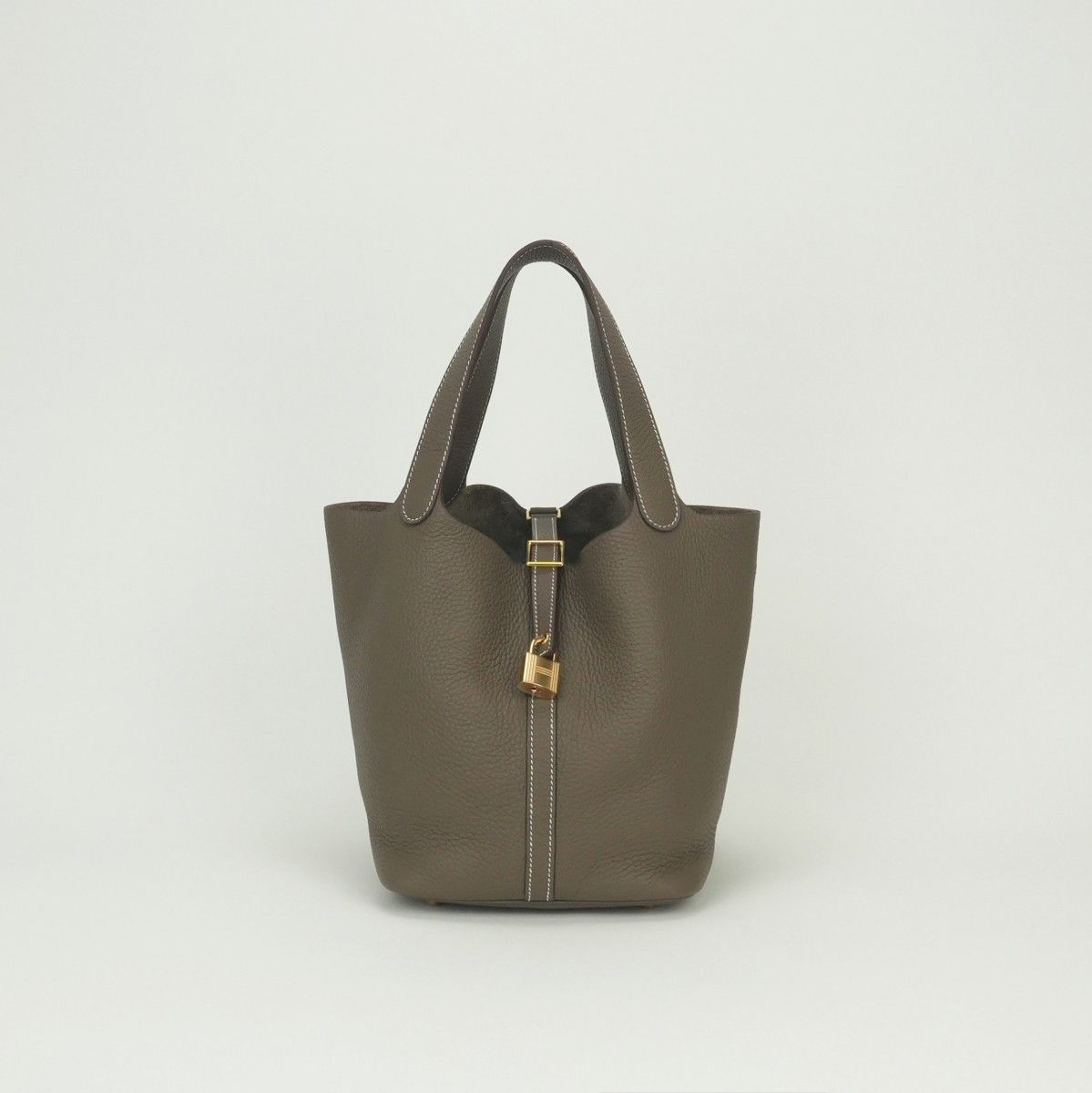 Hermes Picotin Lock MM 22 Tote Taurillon Clemence Etoupe Gray Gold Handbag