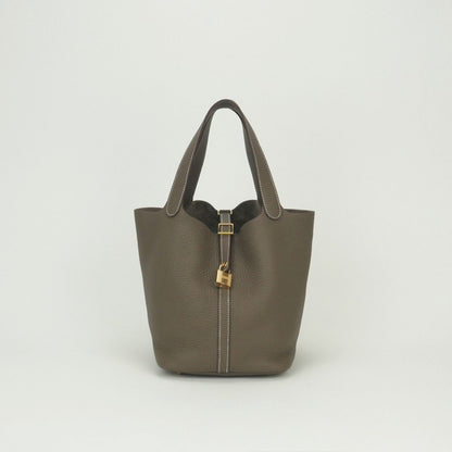 Hermes Picotin Lock MM 22 Tote Taurillon Clemence Etoupe Gray Gold Handbag