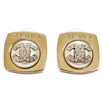 Chanel Earrings CC Logo Square Rhinestone Faux Pearl Champagne Gold
