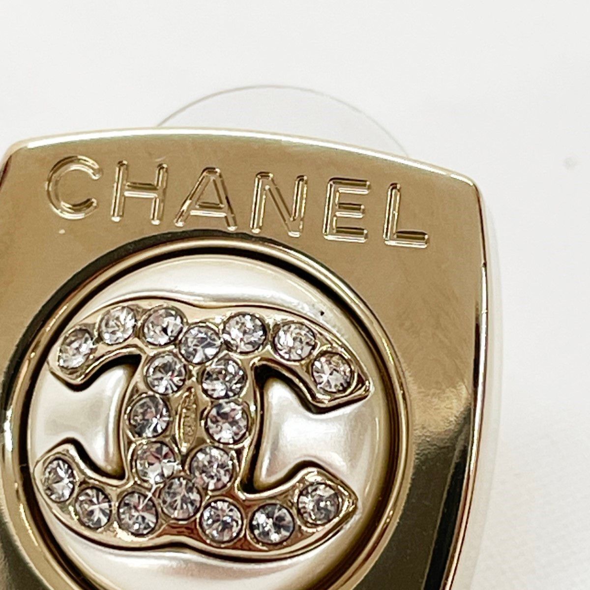 Chanel Earrings CC Logo Square Rhinestone Faux Pearl Champagne Gold — view 7