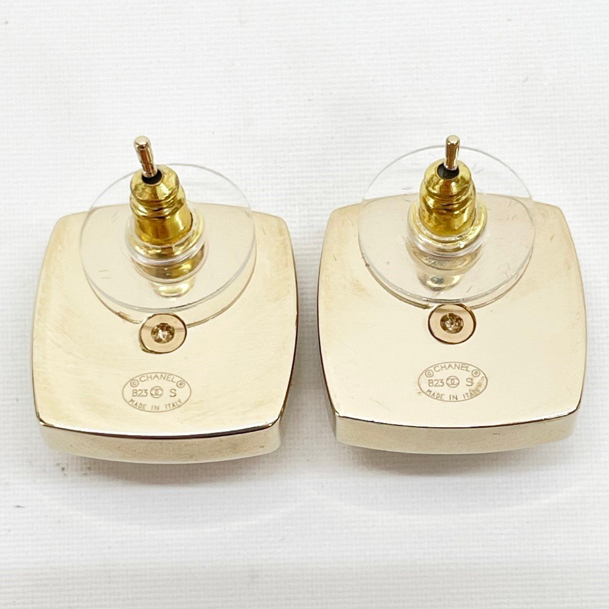 Chanel Earrings CC Logo Square Rhinestone Faux Pearl Champagne Gold — view 2