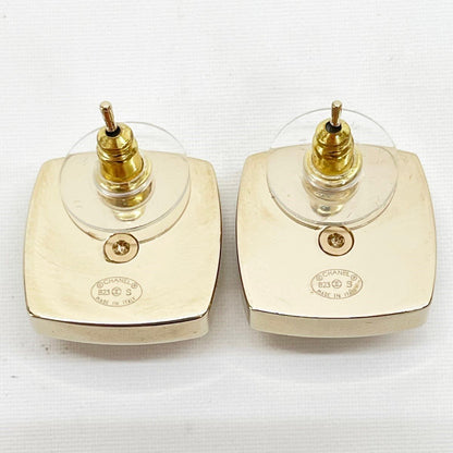 Chanel Earrings CC Logo Square Rhinestone Faux Pearl Champagne Gold — view 2