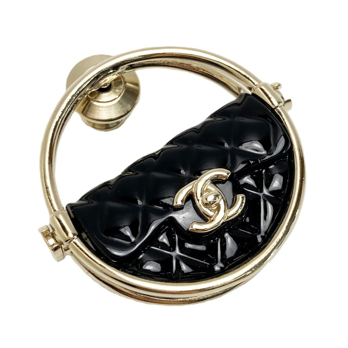 Chanel CC Logo Quilted Hoop Brooch Gold Black
