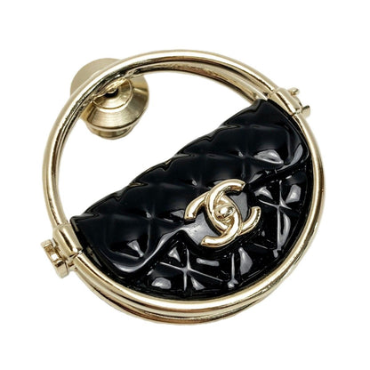 Chanel CC Logo Quilted Hoop Brooch Gold Black