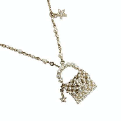 Chanel CC Logo Quilted Necklace Gold White Rhinestone Faux Pearl