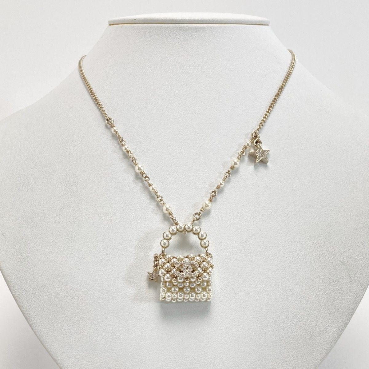 Chanel CC Logo Quilted Necklace Gold White Rhinestone Faux Pearl — view 4