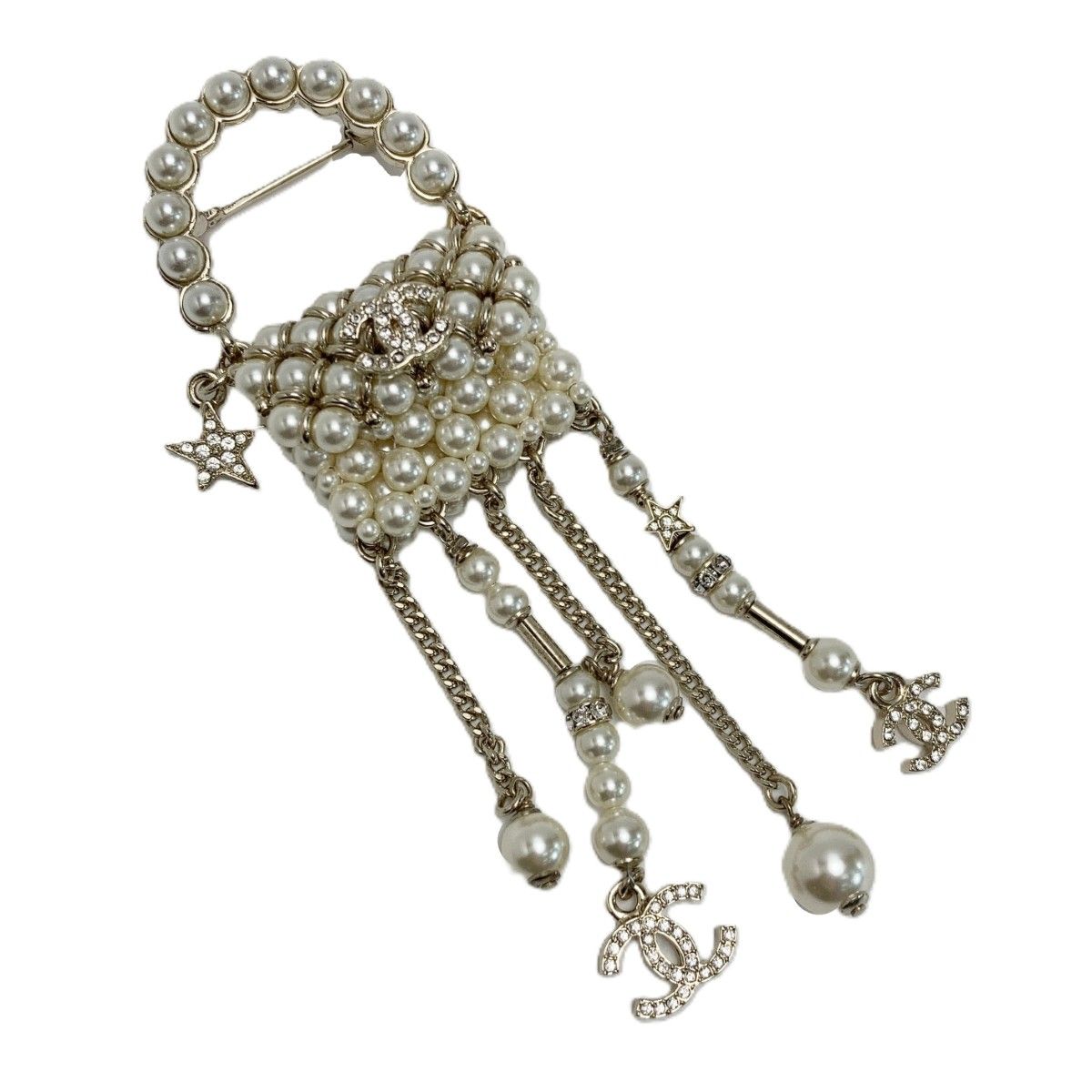 Chanel CC Logo Quilted Brooch Gold White Rhinestone Faux Pearl