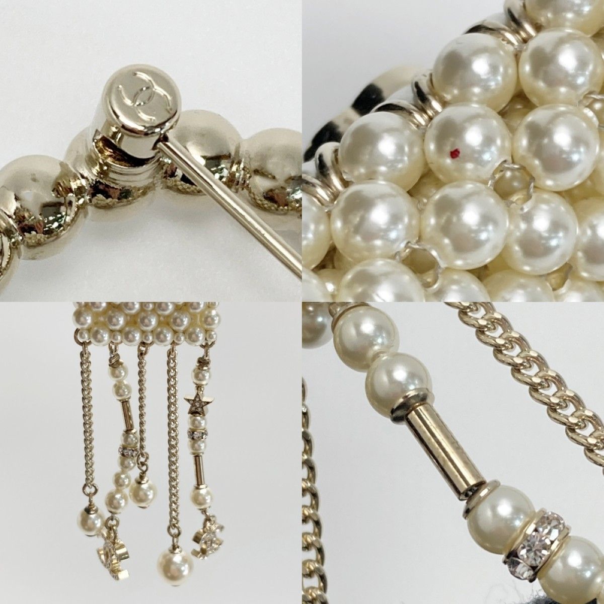 Chanel CC Logo Quilted Brooch Gold White Rhinestone Faux Pearl — view 6