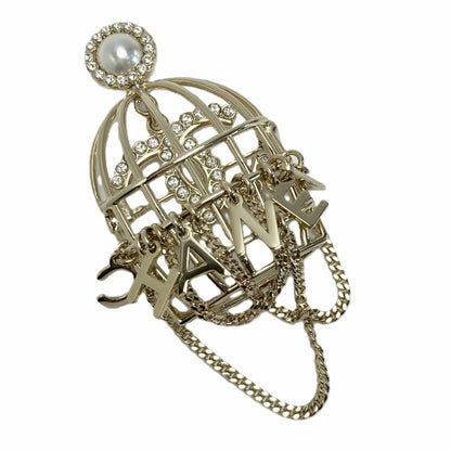 Chanel CC Logo Birdcage Brooch Gold Rhinestone Faux Pearl