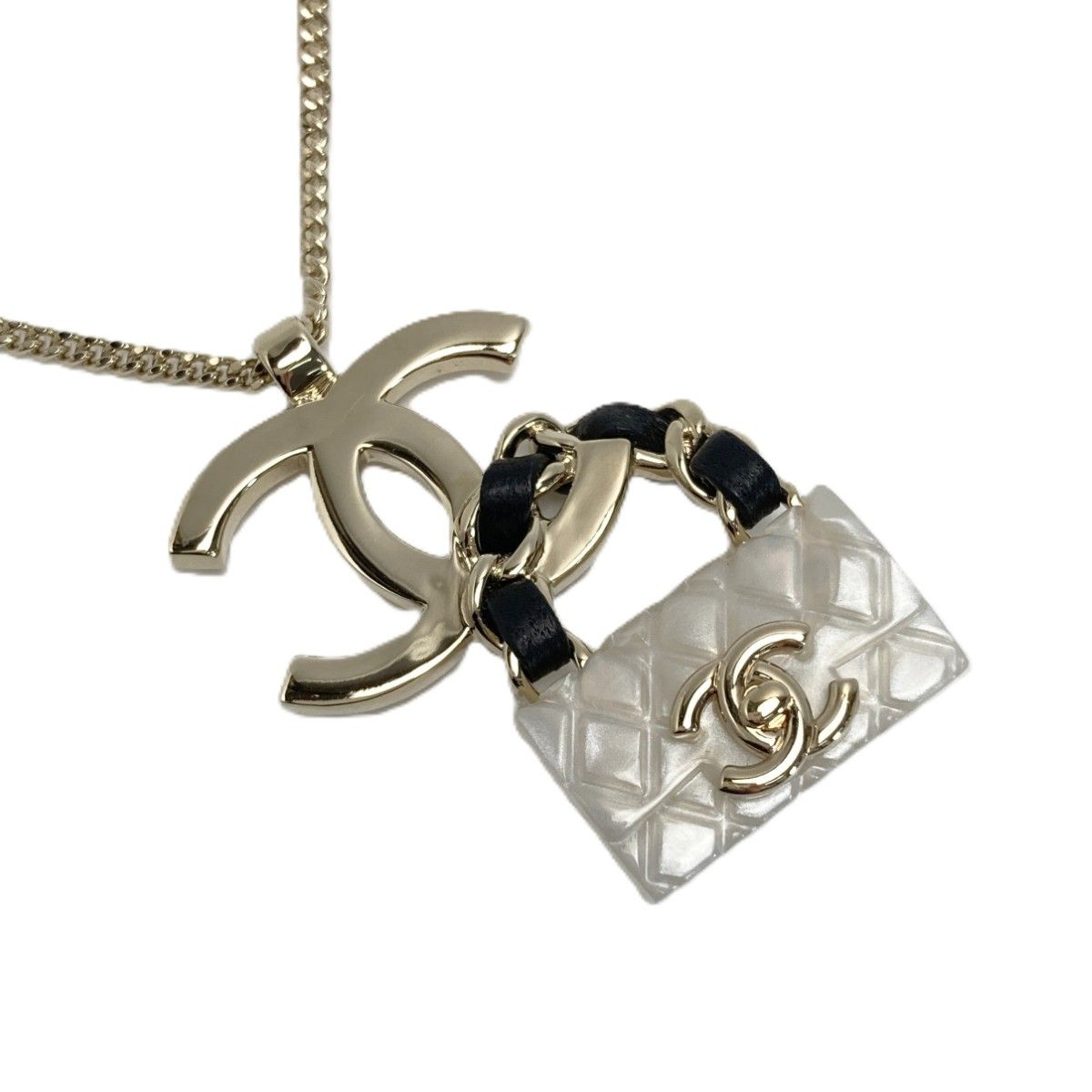 Chanel CC Logo Quilted Bag Motif Necklace Gold White
