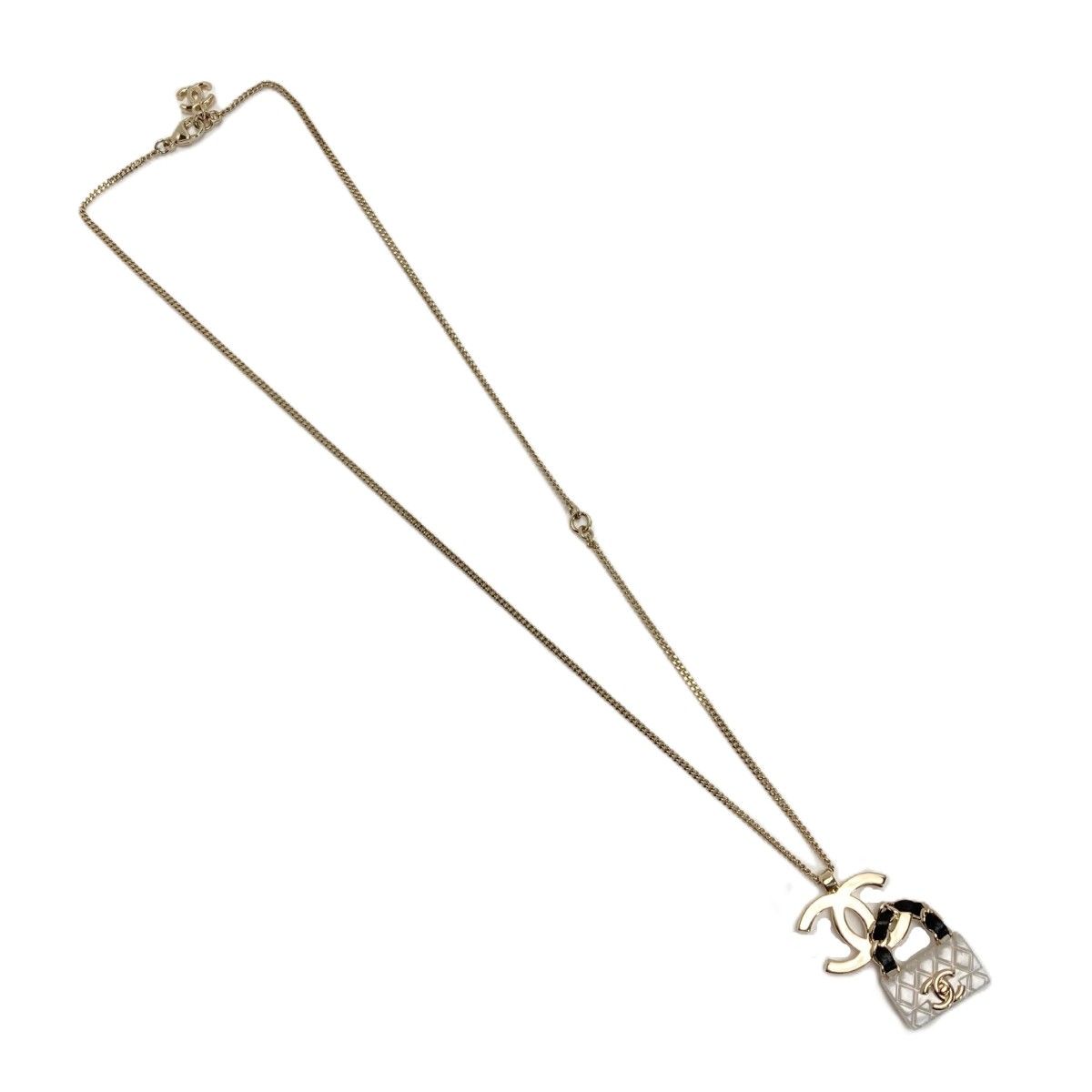 Chanel CC Logo Quilted Bag Motif Necklace Gold White — view 3