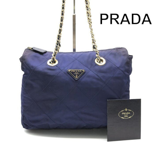 Prada Triangle Logo Nylon Tessuto Chain Shoulder Bag Blue
