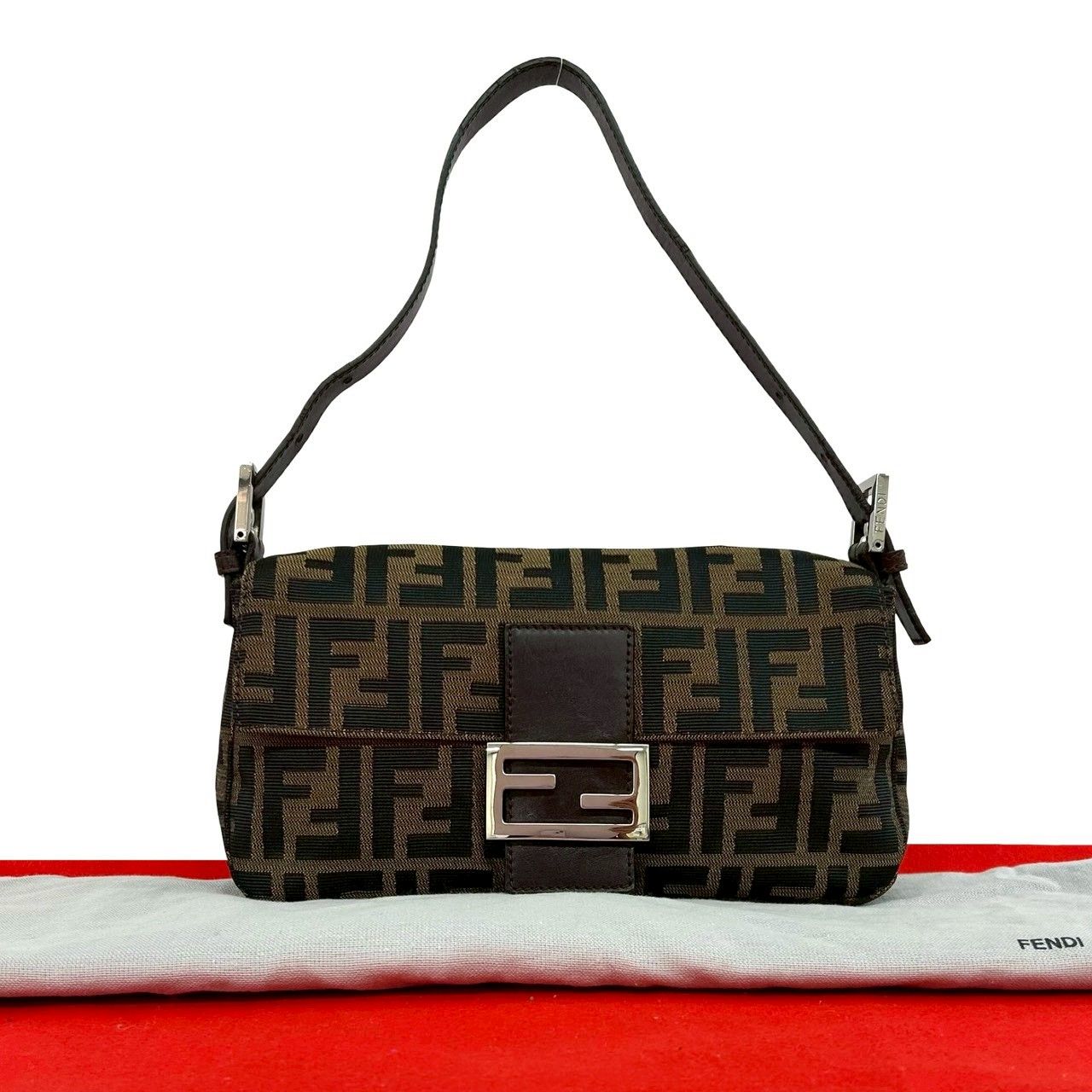 Fendi Mamma Bucket Zucca FF Logo Pattern Canvas Leather Shoulder Bag Brown