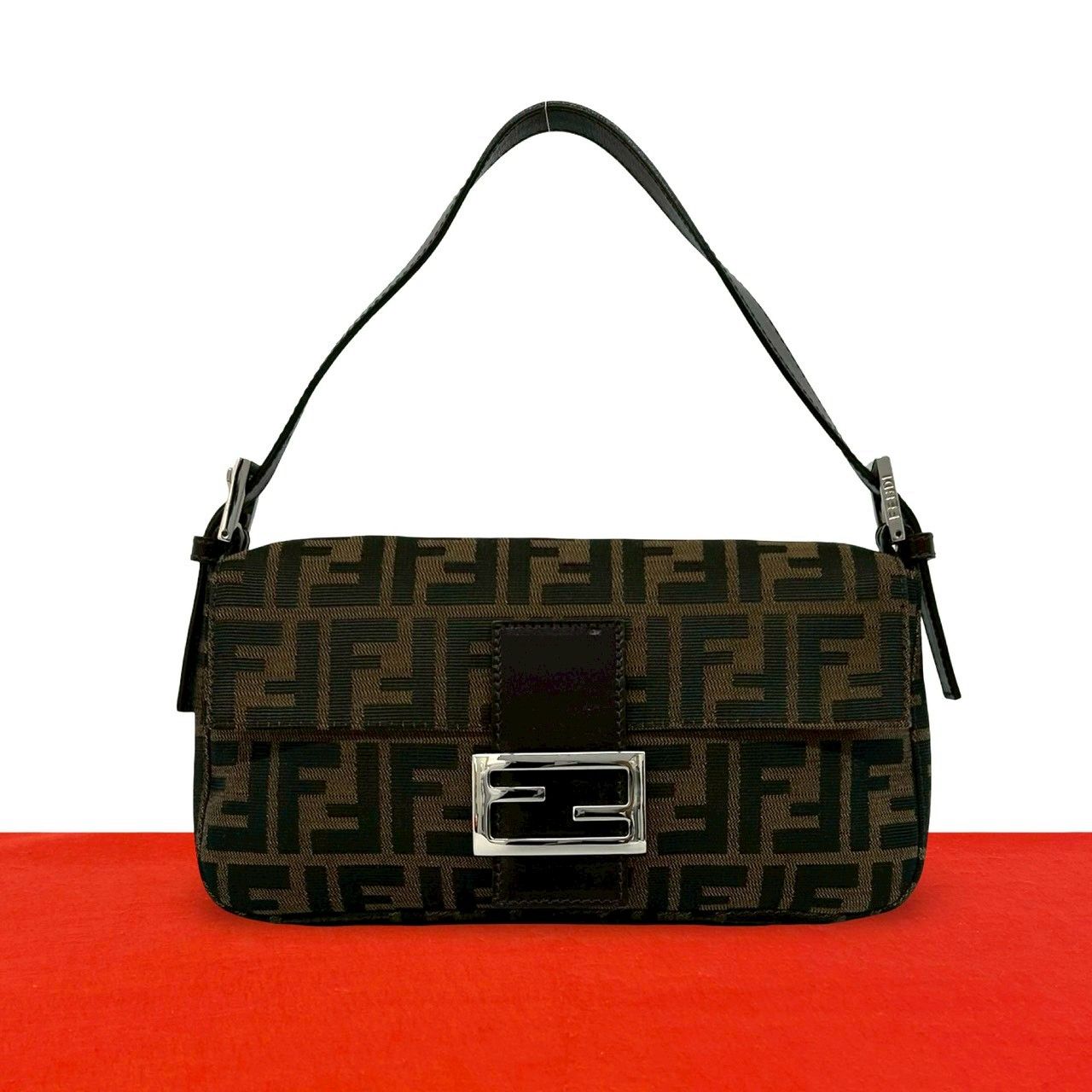 Fendi Mamma Bucket Zucca FF Logo Pattern Leather Canvas Shoulder Bag Brown