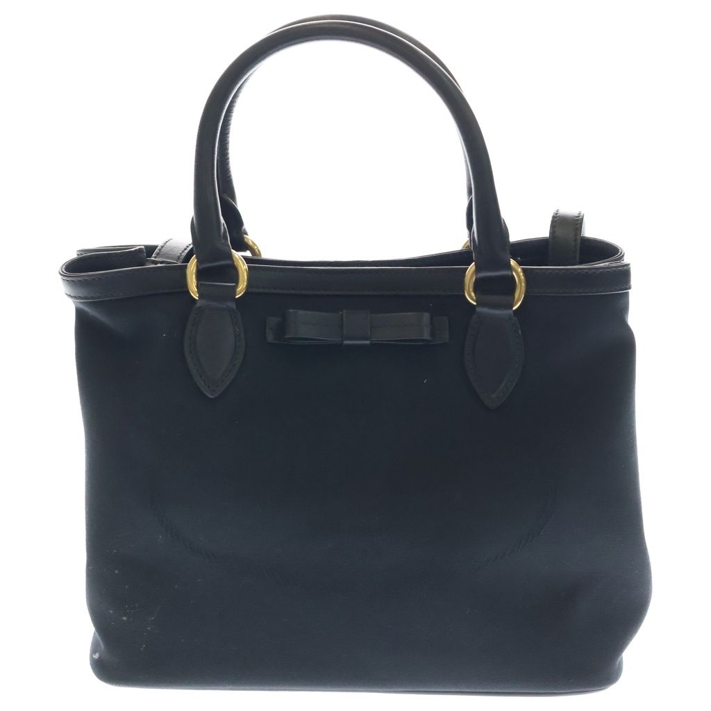Prada Logo Jacquard 2-Way Shoulder Bag Black Leather Canvas Gold