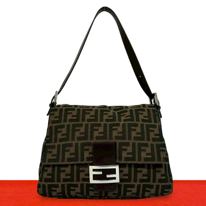 Fendi Mamma Bucket Zucca FF Logo Pattern Canvas Leather Shoulder Bag Brown