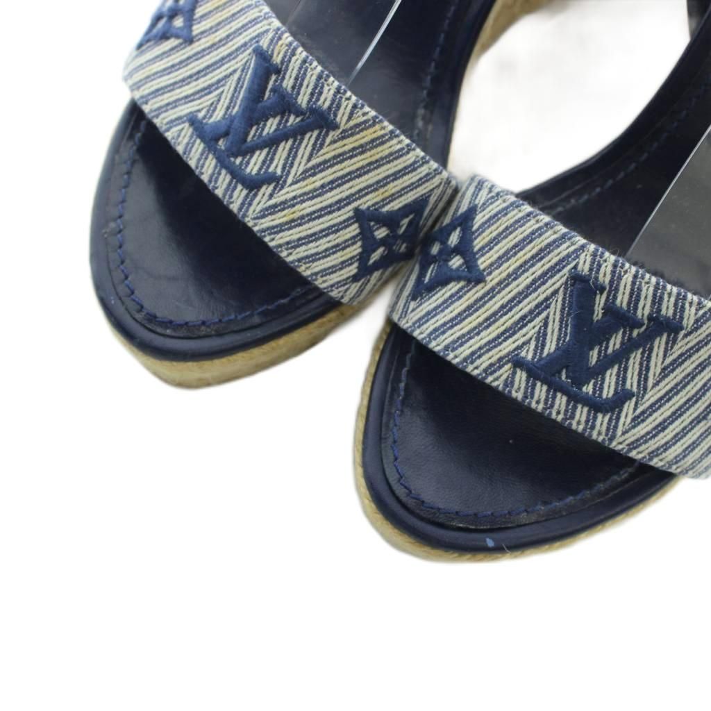 Louis Vuitton Strap Sandals Monogram Wedge Sole Thick 35.5 Navy Yi3 — view 5