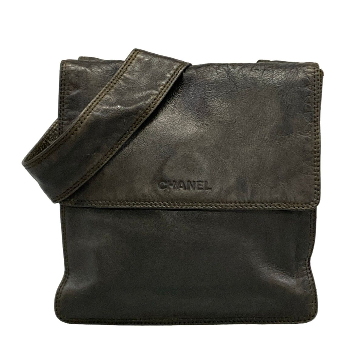 Chanel Shoulder Bag Dark Brown Logo Leather