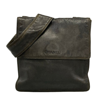 Chanel Shoulder Bag Dark Brown Logo Leather
