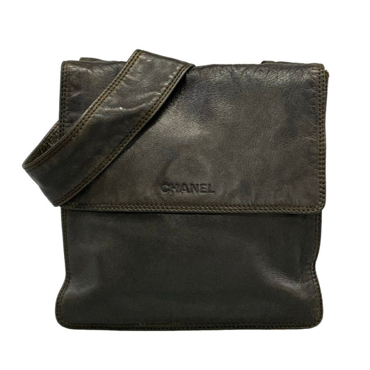 Chanel Shoulder Bag Dark Brown Logo Leather