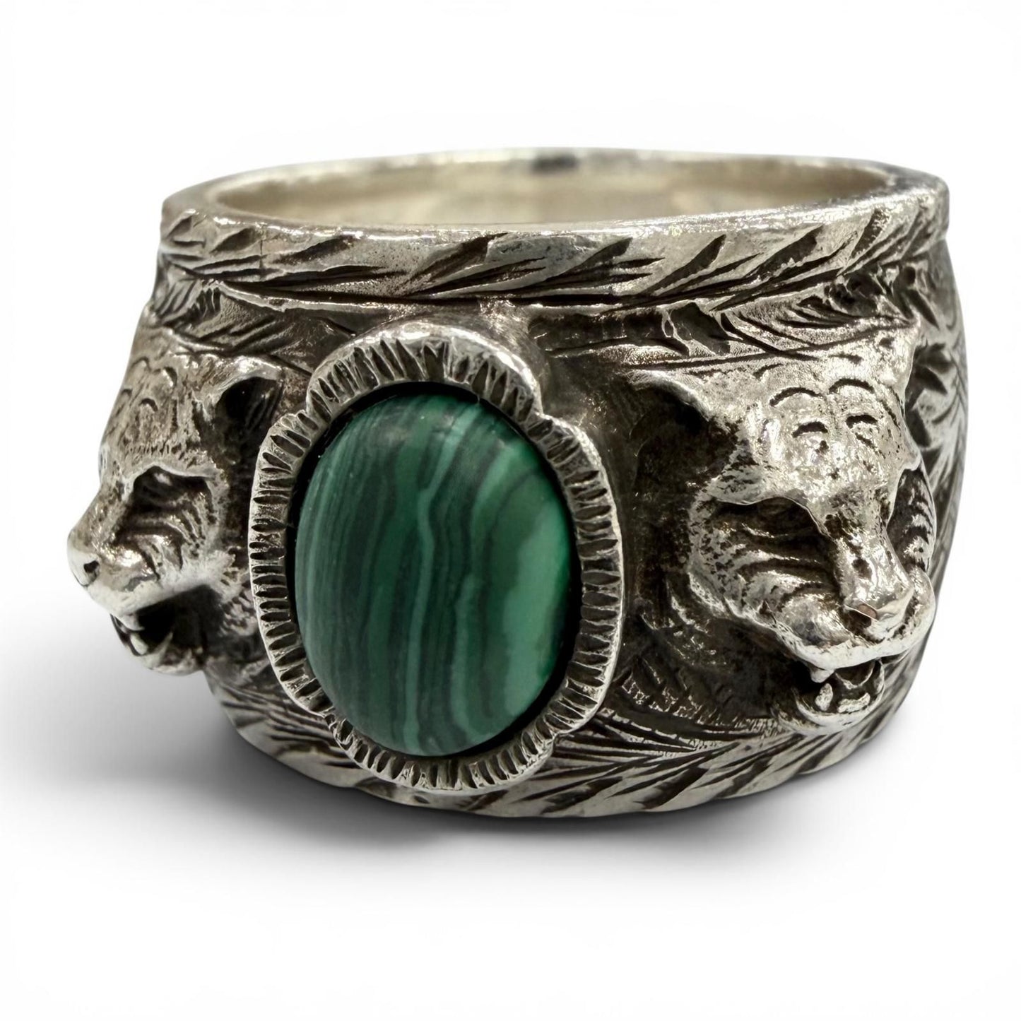 Gucci Arabesque Garden Cat Head Malachite Ring Silver