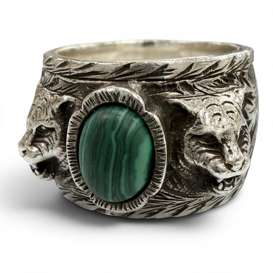 Gucci Arabesque Garden Cat Head Malachite Ring Silver