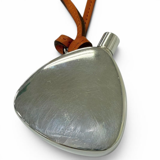 Hermes Leather Strap Perfume Bottle Atomizer Necklace Silver Orange