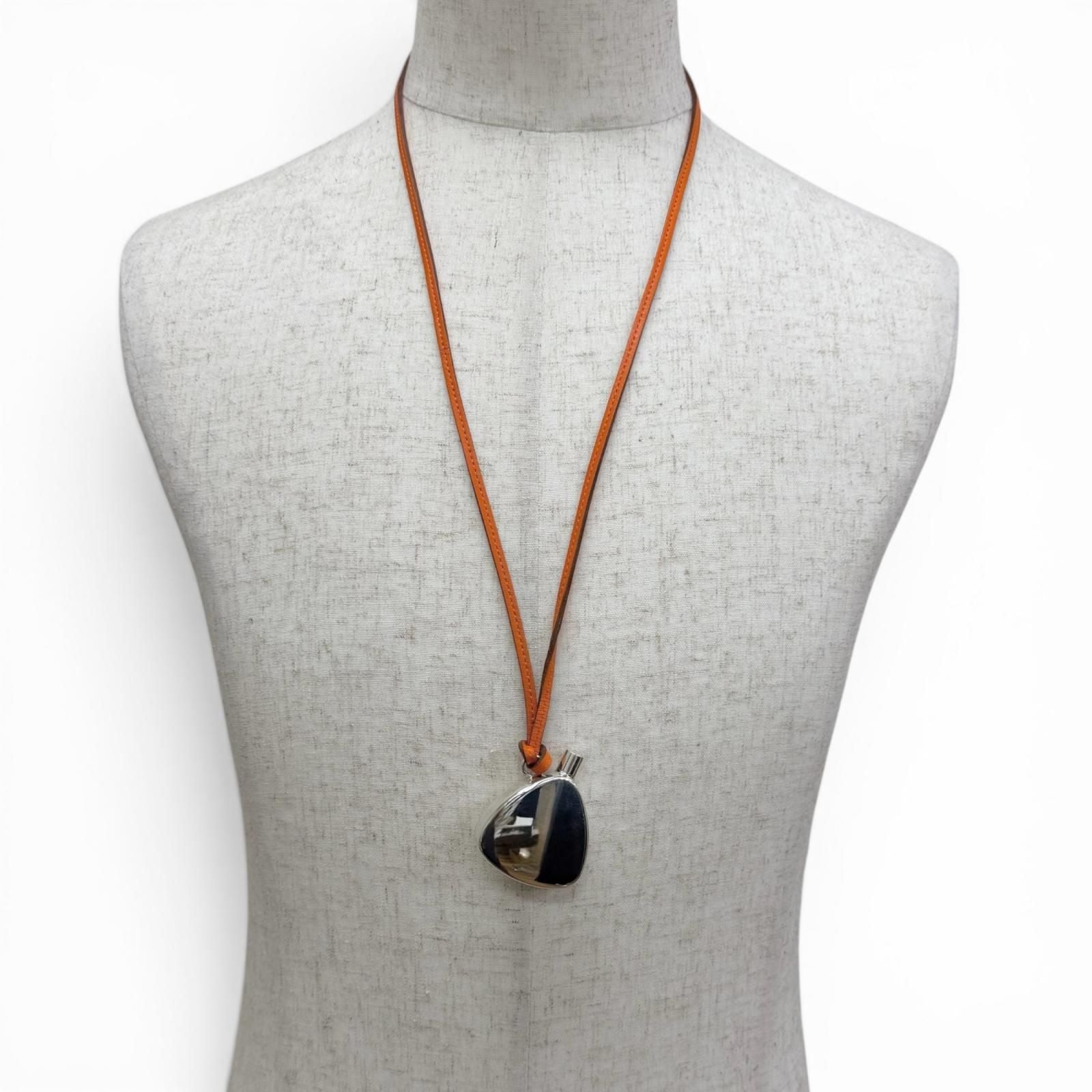 Hermes Leather Strap Perfume Bottle Atomizer Necklace Silver Orange — view 2