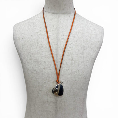 Hermes Leather Strap Perfume Bottle Atomizer Necklace Silver Orange — view 2