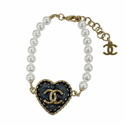 Chanel CC Logo Heart Faux Pearl Denim Bracelet