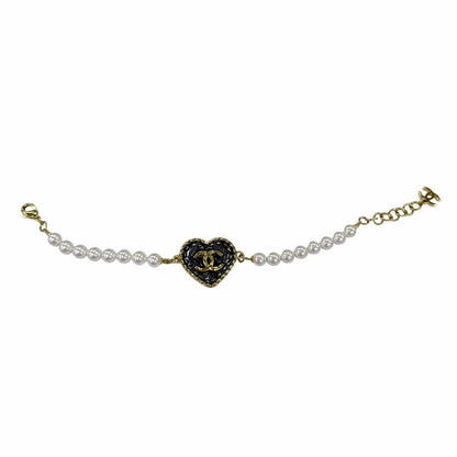 Chanel CC Logo Heart Faux Pearl Denim Bracelet — view 3