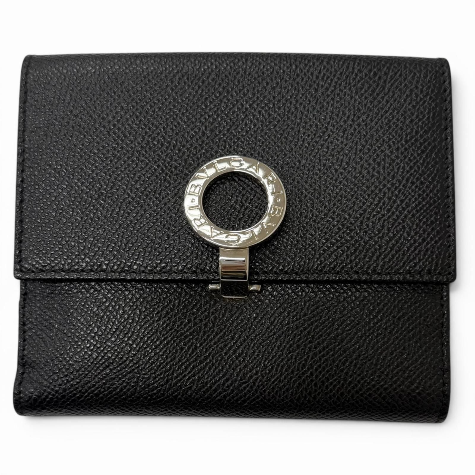 Bvlgari Leather Logo Clip Compact Wallet Bifold Black Silver