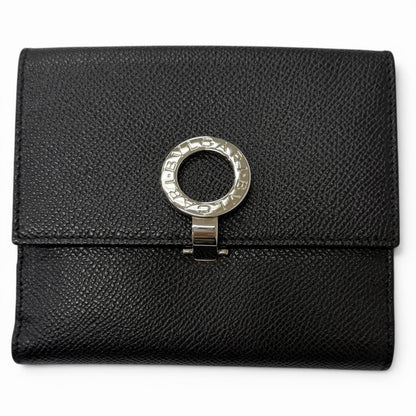 Bvlgari Leather Logo Clip Compact Wallet Bifold Black Silver