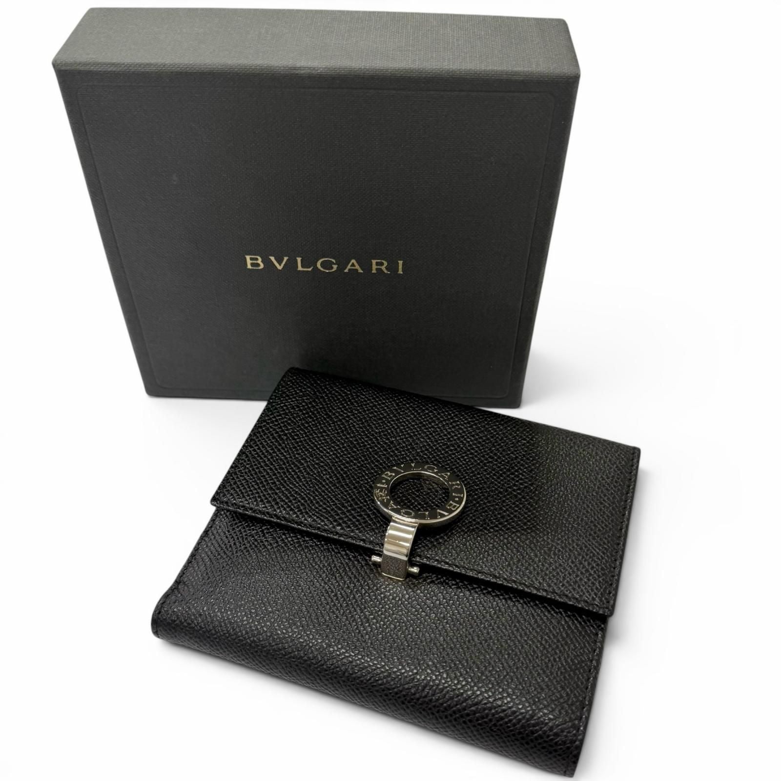 Bvlgari Leather Logo Clip Compact Wallet Bifold Black Silver — view 2