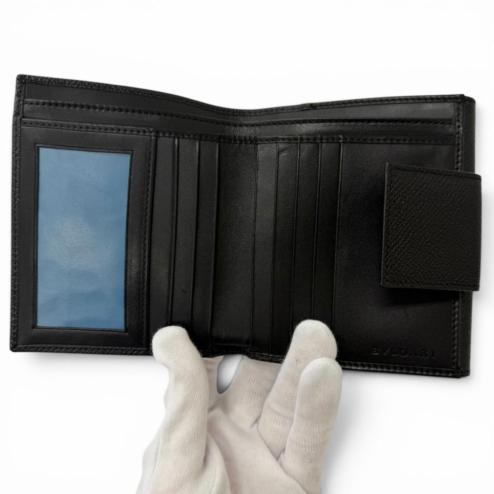 Bvlgari Leather Logo Clip Compact Wallet Bifold Black Silver — view 6