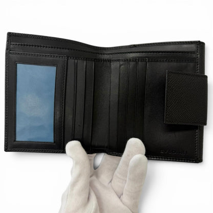 Bvlgari Leather Logo Clip Compact Wallet Bifold Black Silver — view 6
