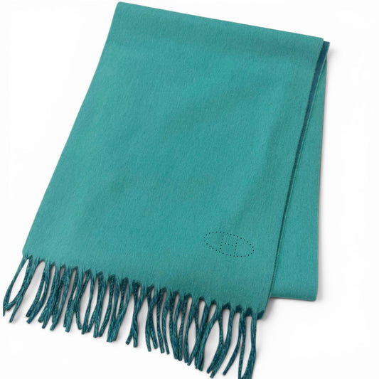Hermes Cashmere Perforated Logo Fringe Scarf Shawl Turquoise Blue