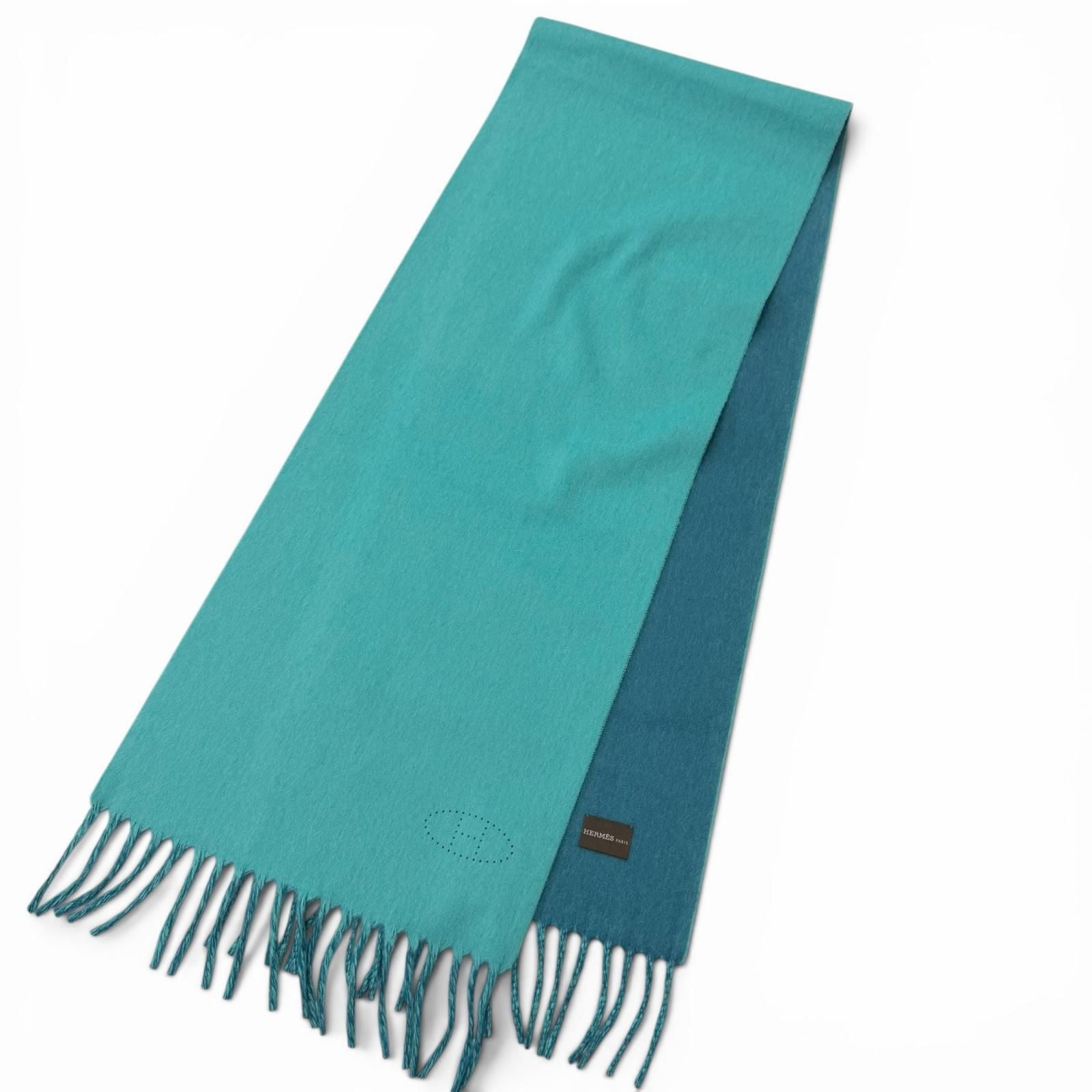 Hermes Cashmere Perforated Logo Fringe Scarf Shawl Turquoise Blue — view 3