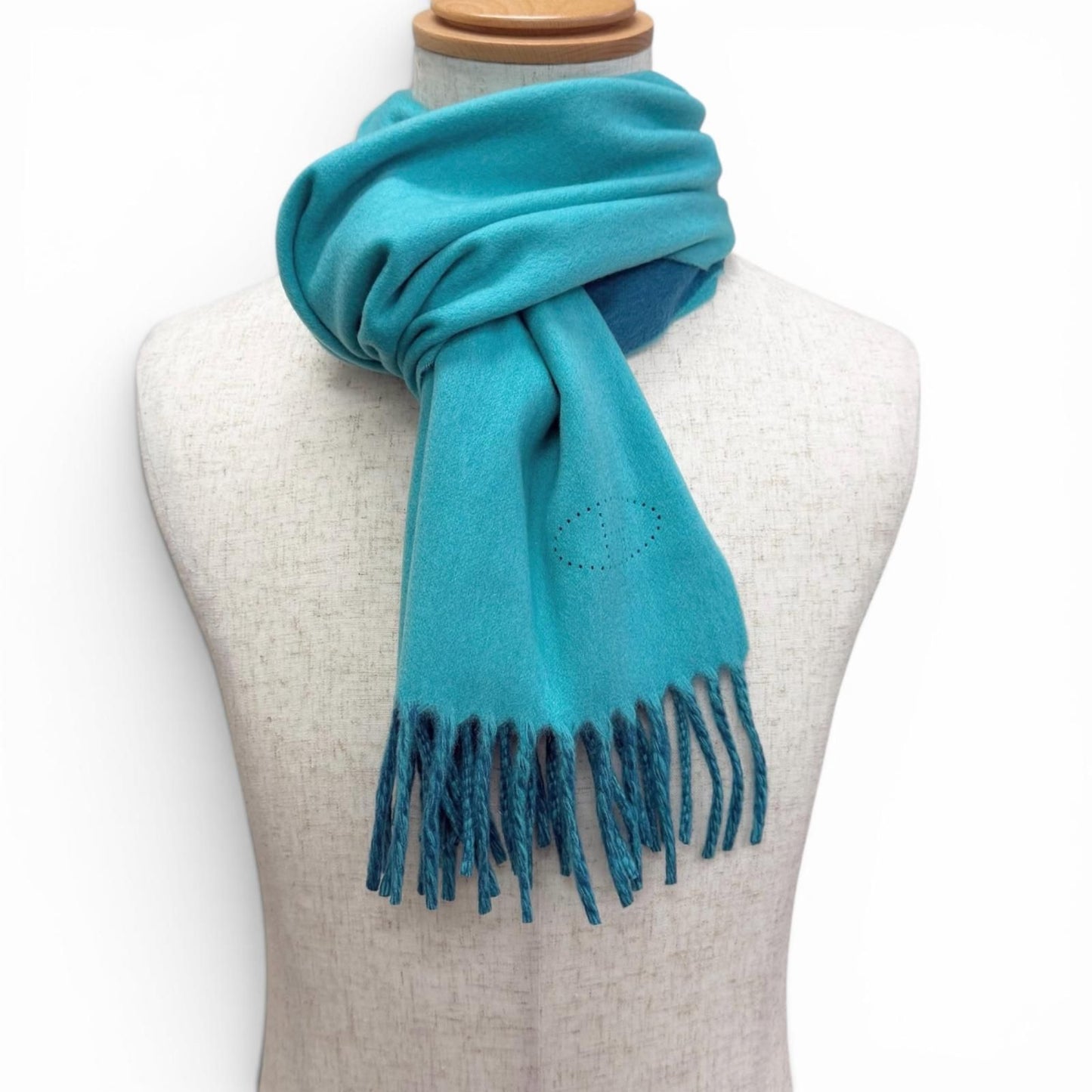 Hermes Cashmere Perforated Logo Fringe Scarf Shawl Turquoise Blue — view 2