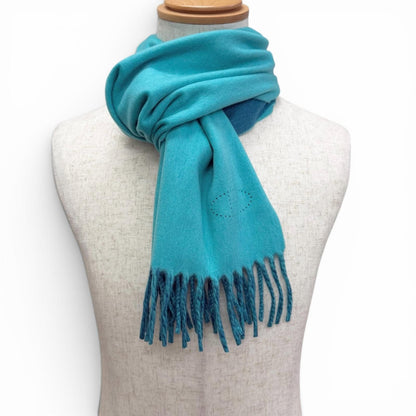 Hermes Cashmere Perforated Logo Fringe Scarf Shawl Turquoise Blue — view 2
