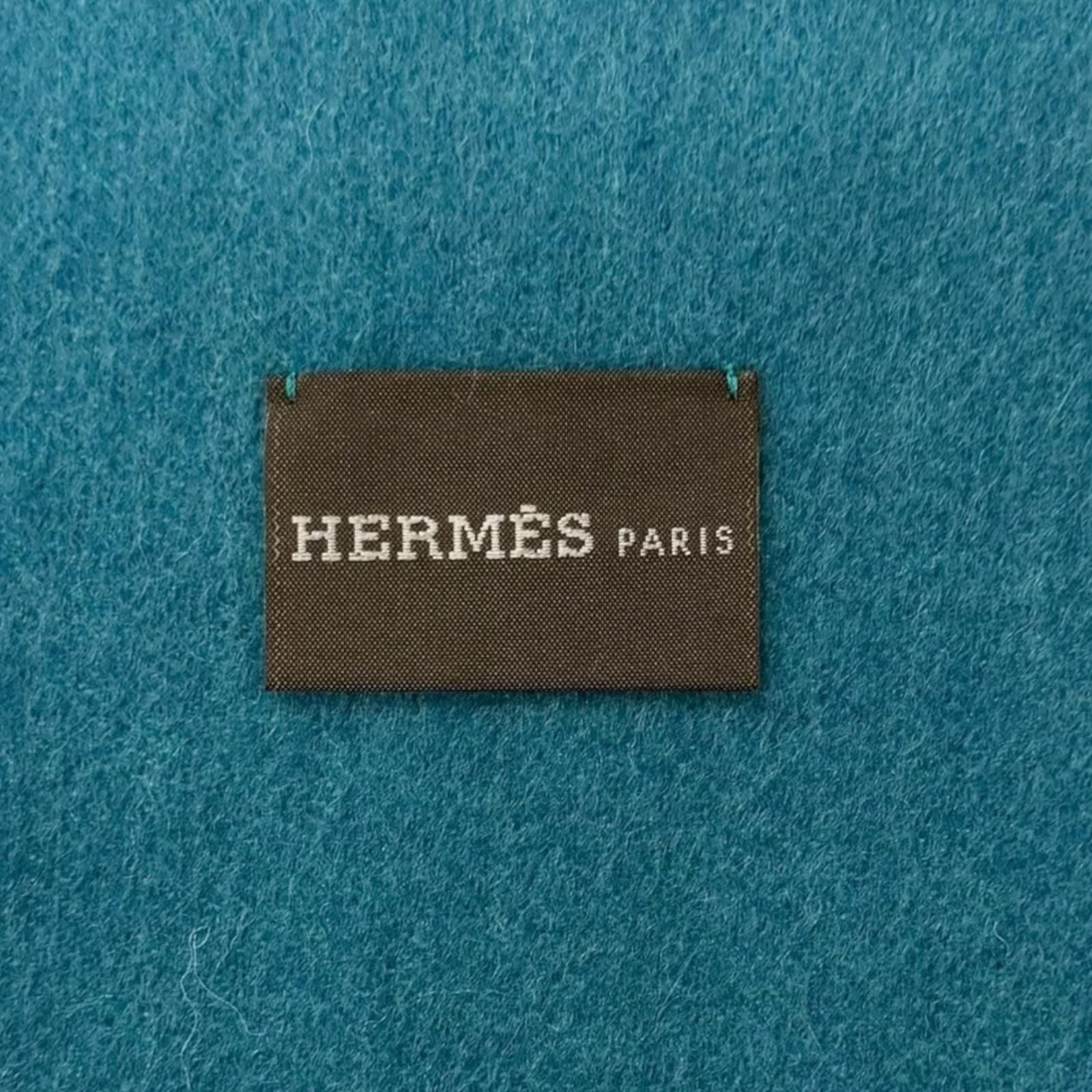 Hermes Cashmere Perforated Logo Fringe Scarf Shawl Turquoise Blue — view 7