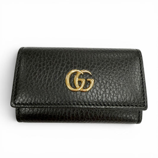 Gucci Leather Double 6 Row Key Case Black Gold Key Holder