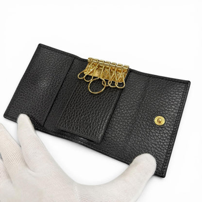 Gucci Leather Double 6 Row Key Case Black Gold Key Holder — view 6