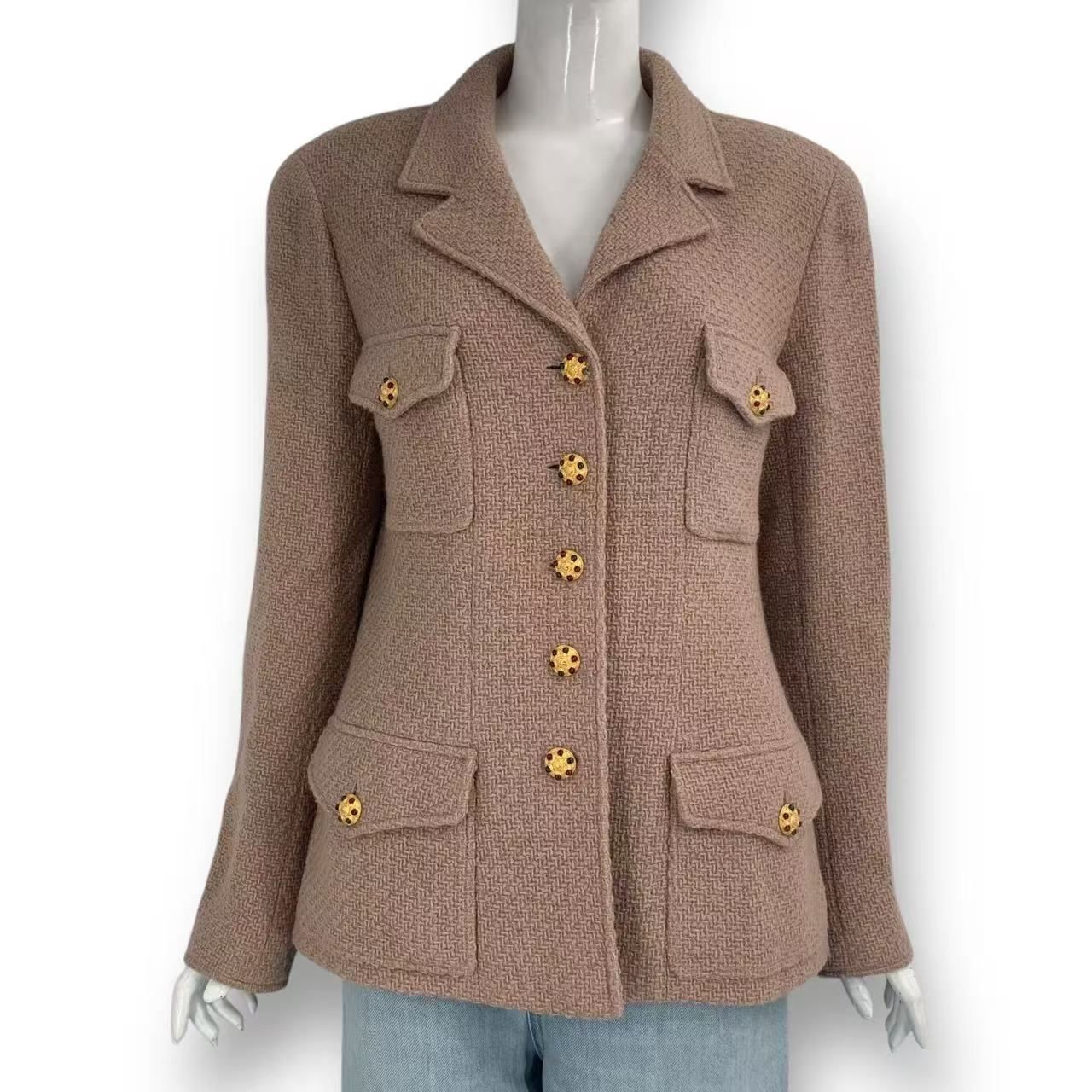 Chanel Gripoix Button Tweed Jacket Pink Beige Wool 44