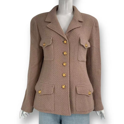 Chanel Gripoix Button Tweed Jacket Pink Beige Wool 44